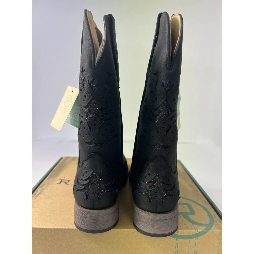 ROPER WOMEN'S KENNEDY BLACK WITH GLITTER INLAY WIDE SQUARE TOE COWBOY BOOTS Sz 8